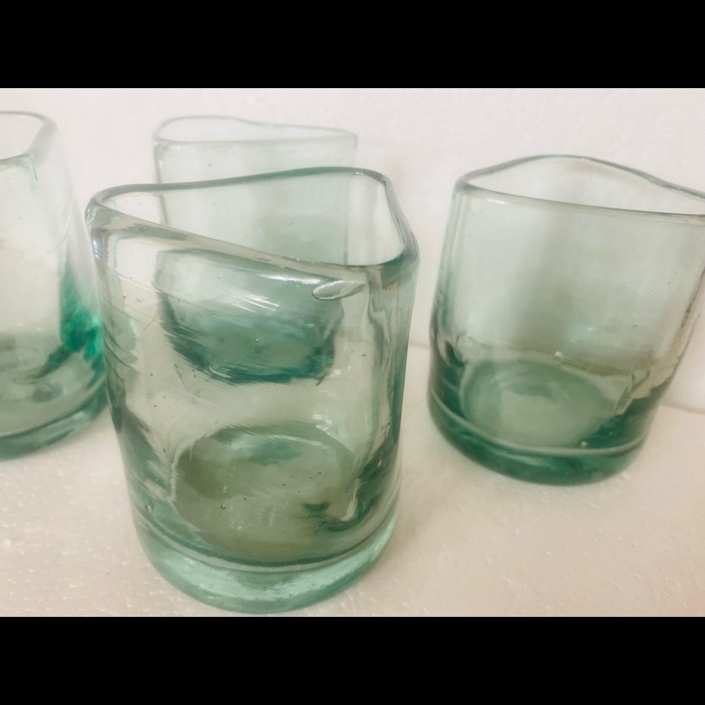 Handblown Bubble Thick Tri-Angle Shaped Drinking Glasses Set Of 4